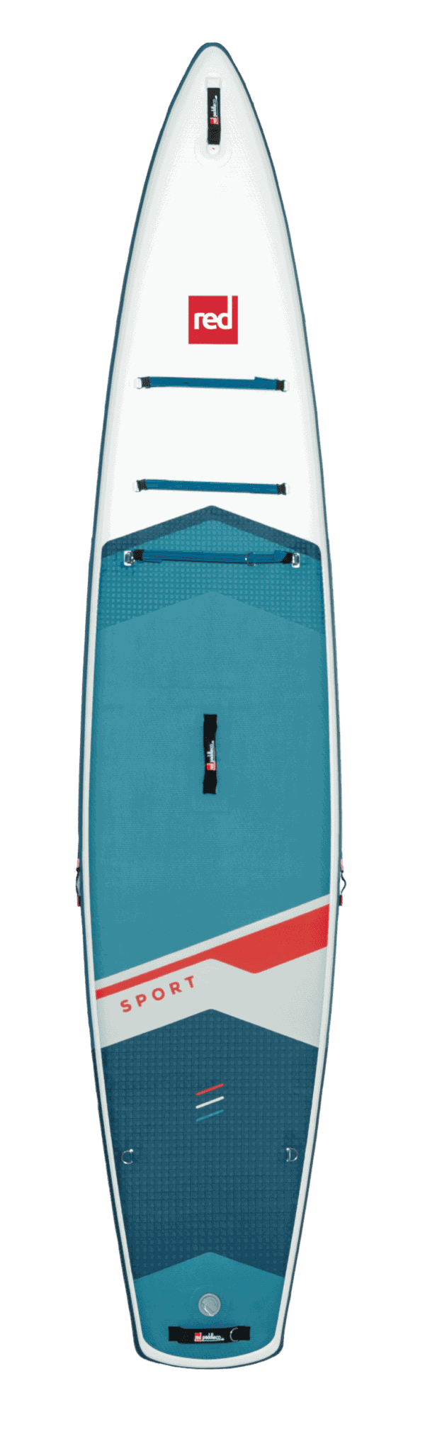 Prise de vue de plan vertical d'une planche de paddle gonflable sport adaptée pour la pratique du paddleboard optimisé, équipée de poignées et attaches pour sécurité.